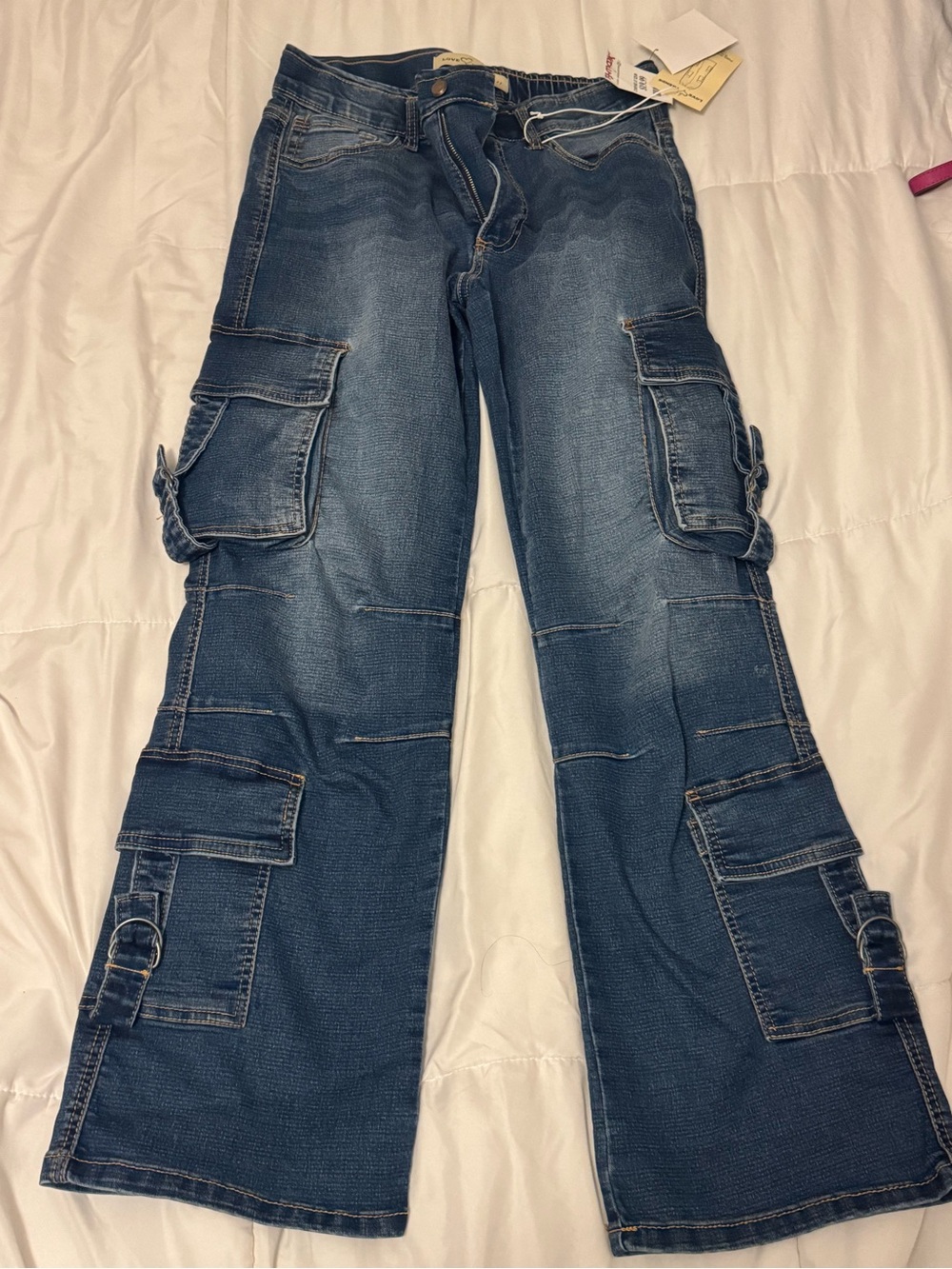 Lady’s Dark Blue Cargo Jeans with Multi-Pocket Utility Design sz 11